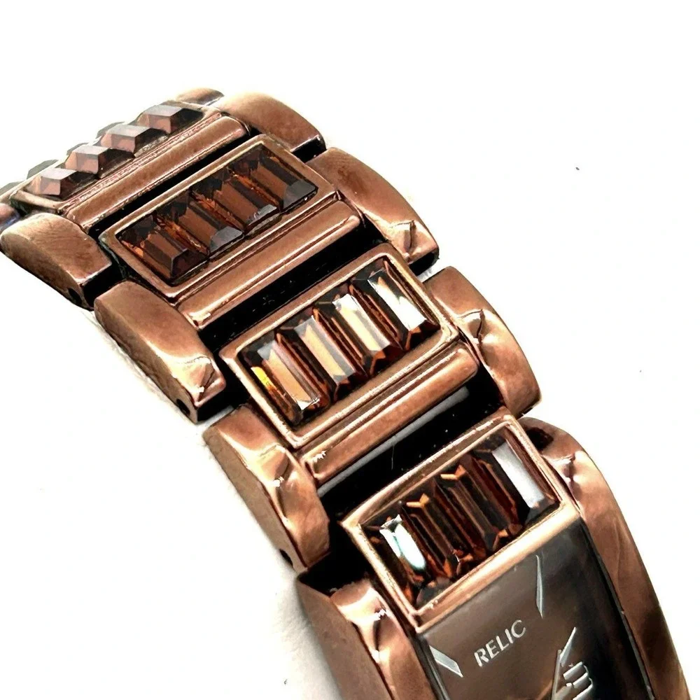 Relic Women's Watch Rose Gold Tone Brown Crystal Accents Rectangular Face